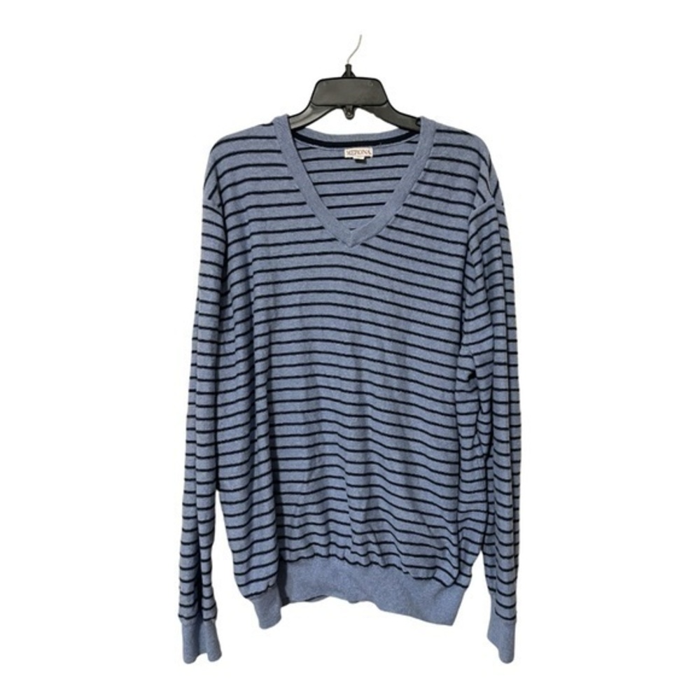 Merona V-Neck Sweater Blue Striped Lightweight Cotton Academia Mens Size XL